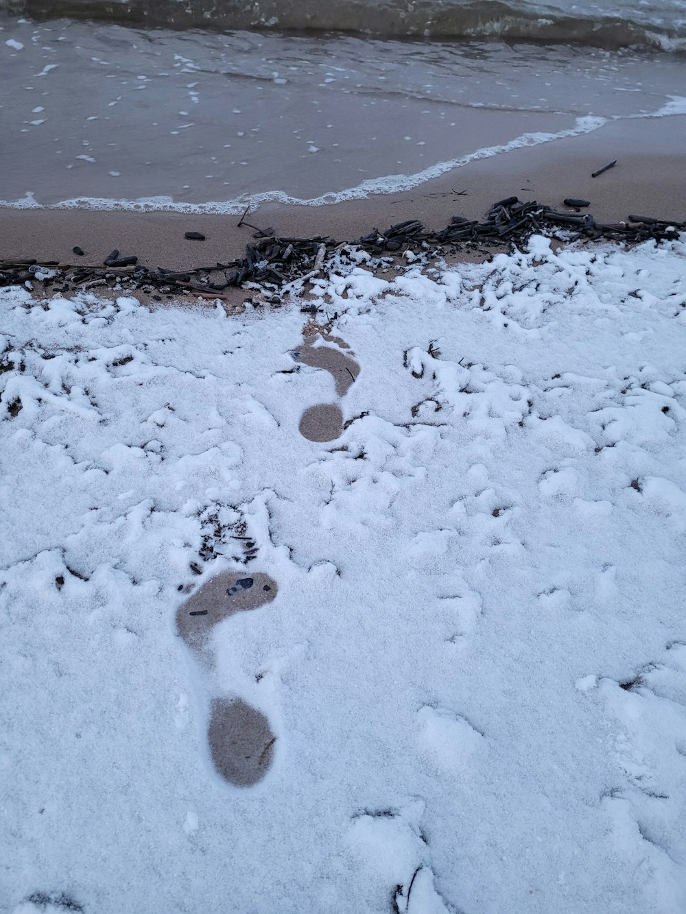 footprints in the snow next to a beach