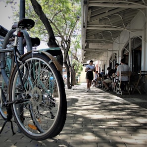 A city street scene featuring a bicycle parked near a lamp post surrounded by green trees. People are sitting and conversing at an outdoor cafe with a sign reading 'Little French'. A person appears to be walking and holding something along the sidewalk which is lined with cobblestones.