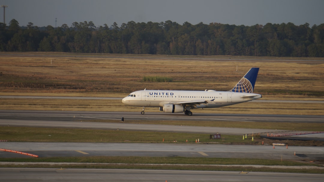 a united airlines plane on the runway at an airport, United Airlines flight landing on Runway 26L