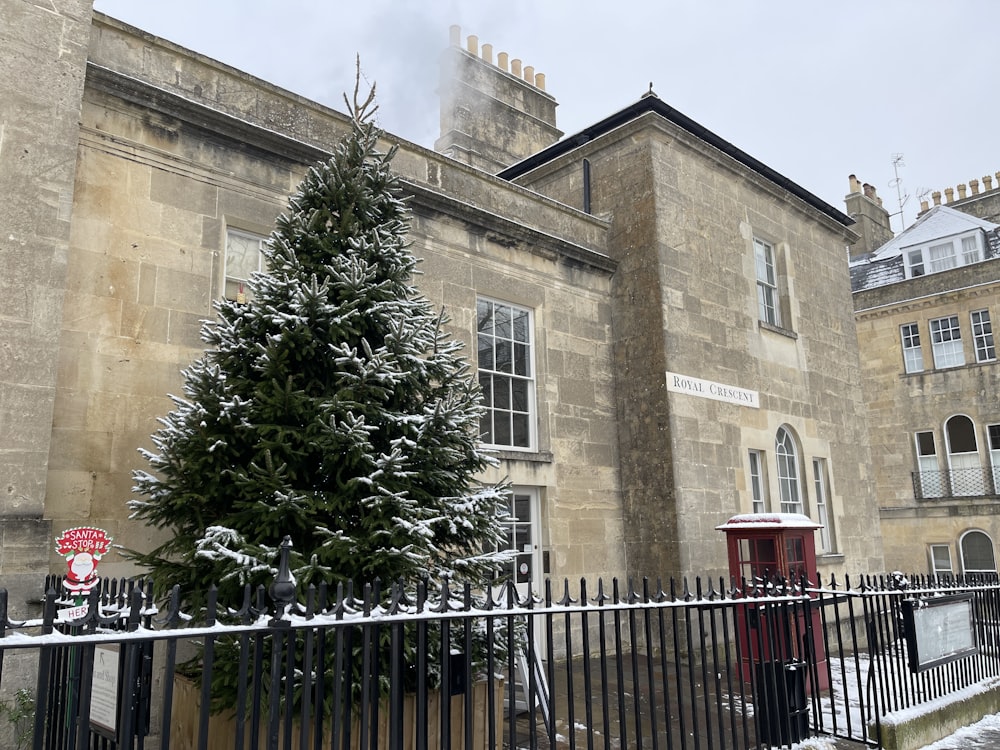 a large building with a tree in front of it