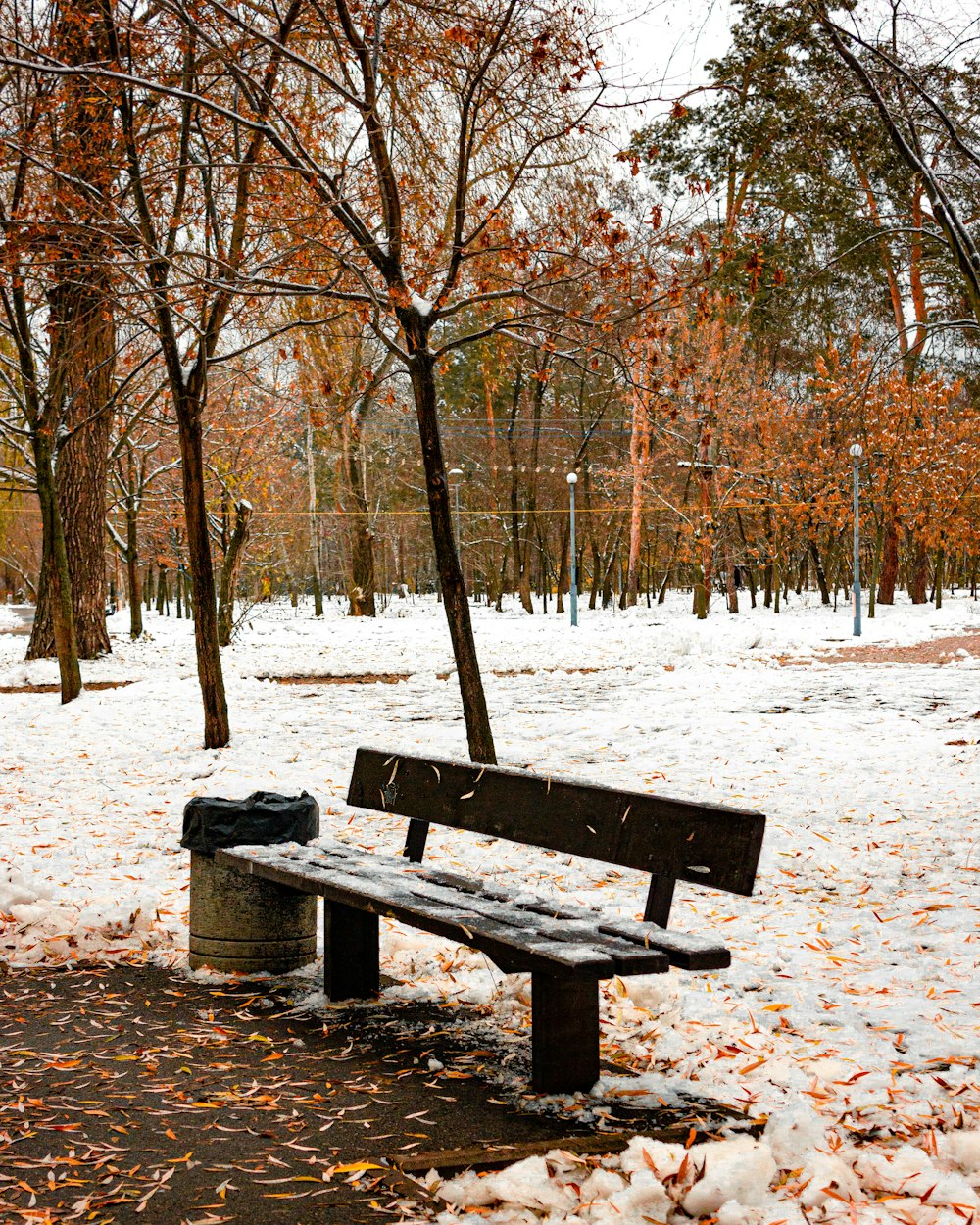 a park bench in the middle of a snowy park