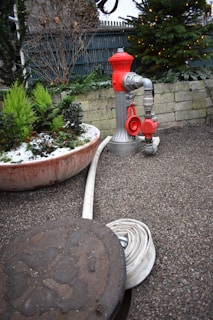 A red and silver fire hydrant with attached hose is situated on a gravel path next to a landscaped area with green plants and bushes. There is a low stone wall behind the hydrant, and evergreen trees with small lights are visible. A coiled fire hose is partially visible near a manhole cover in the foreground.