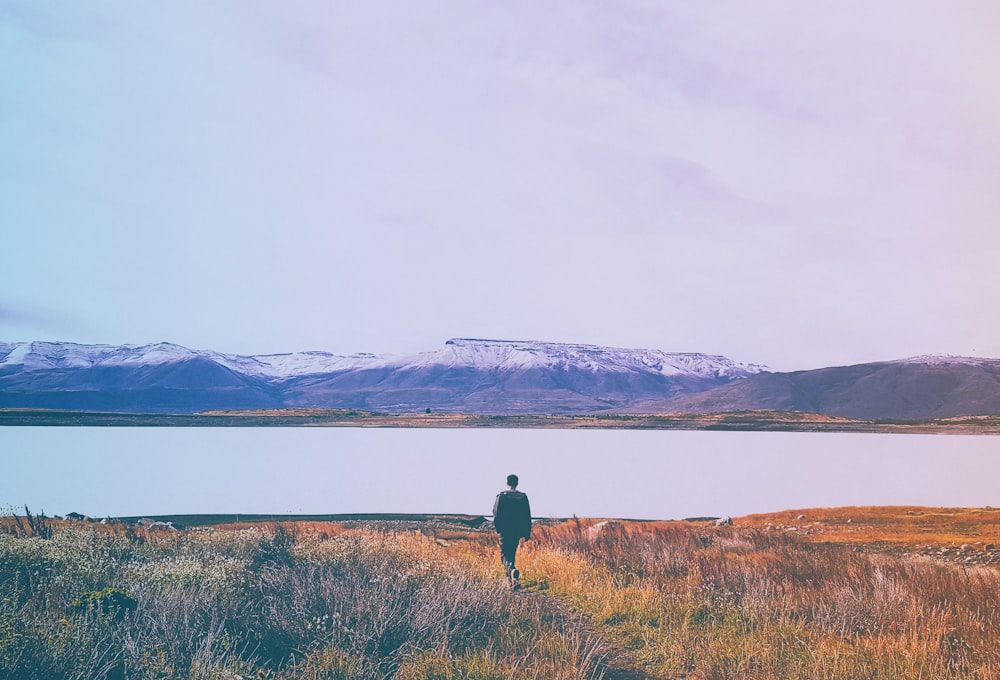 a person standing in a field looking at a body of water