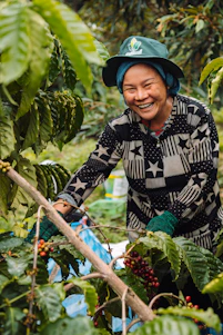 a smiling woman picking berries from a tree