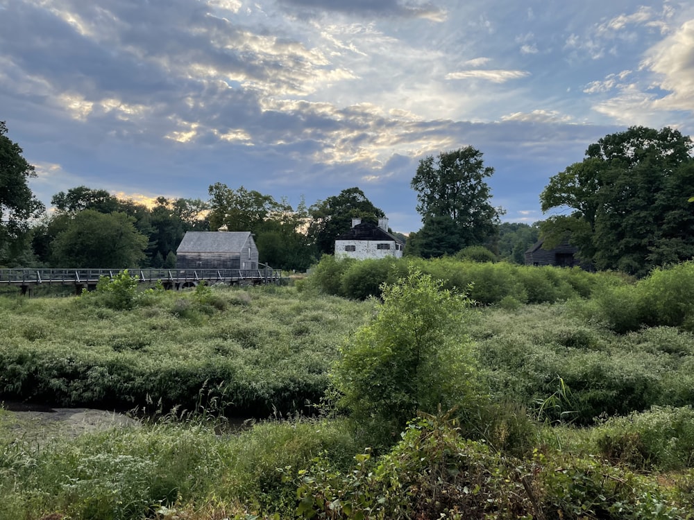 a field with a house in the distance