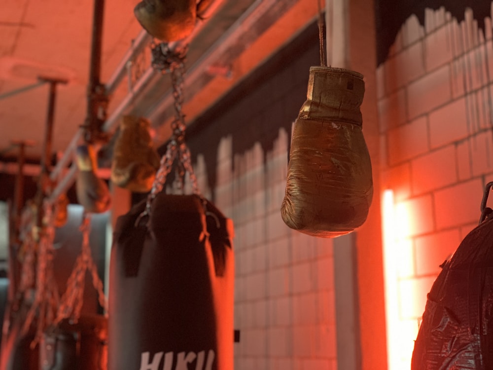 a pair of boxing gloves hanging from a hook