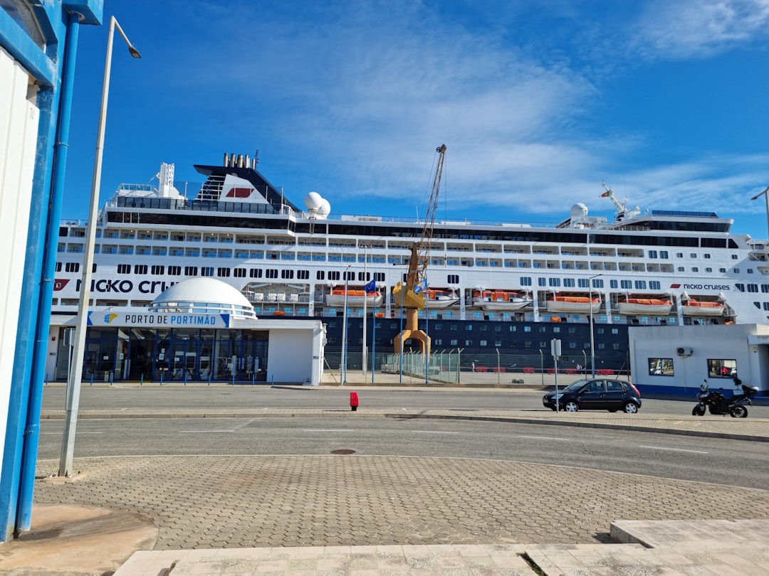 a large cruise ship docked at a port