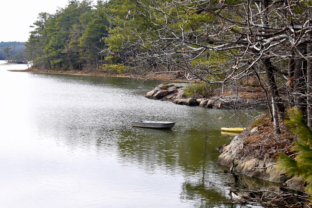 a boat floating on top of a lake next to a forest