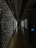 A hallway lit with twinkling fairy lights and glittering reflections.