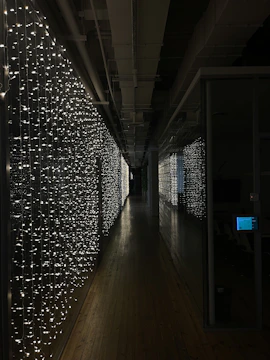 A hallway lit with twinkling fairy lights and glittering reflections.