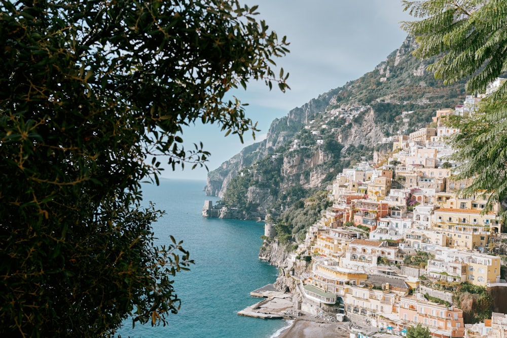 a scenic view of a village on the edge of a body of water