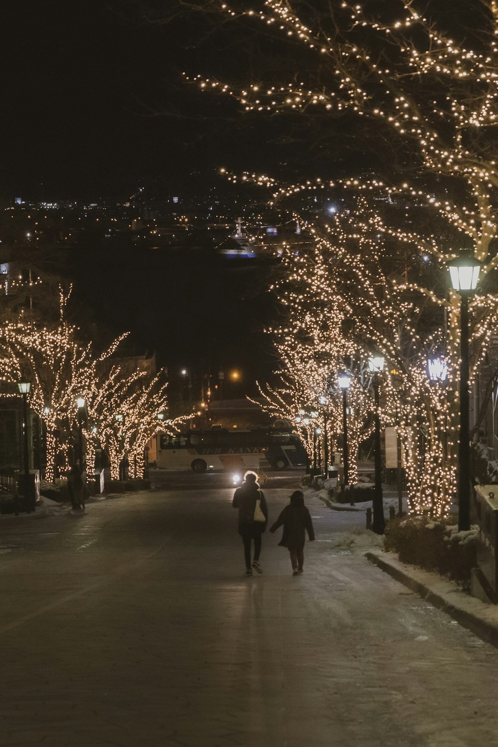 a couple of people walking down a snow covered street