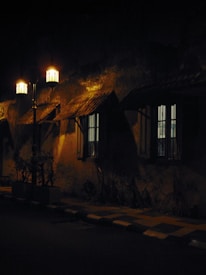 The image features a dimly lit street scene at night with a warm glow from street lamps illuminating the area. The light casts shadows on an old building with small windows and an aged facade. A sidewalk bordered by potted plants lines the road, contributing to the dark and quiet ambiance.