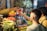 A vibrant market scene with fresh produce such as tomatoes, gourds, cilantro, and pineapples displayed prominently. Two individuals engage in a transaction, exchanging packaged goods. The setting is bustling, indicative of a lively marketplace.