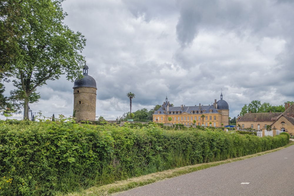 a large building sitting on the side of a road