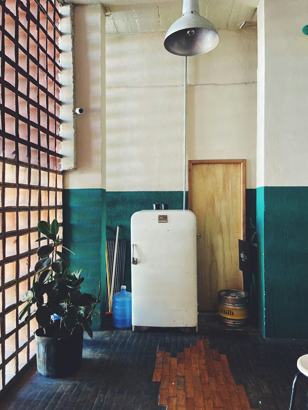 a room with a refrigerator and a potted plant