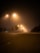 A calm nighttime road scene with soft headlights illuminating the path gently.