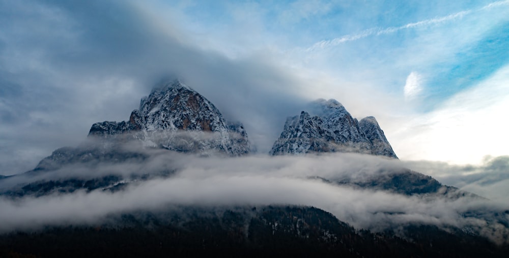 a mountain covered in snow and clouds under a blue sky