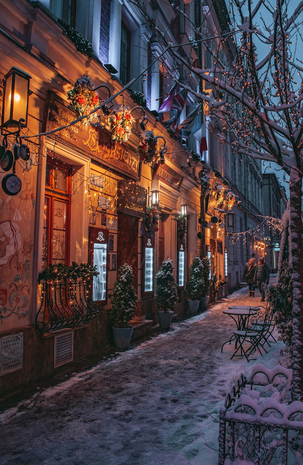 a snowy street lined with buildings and trees