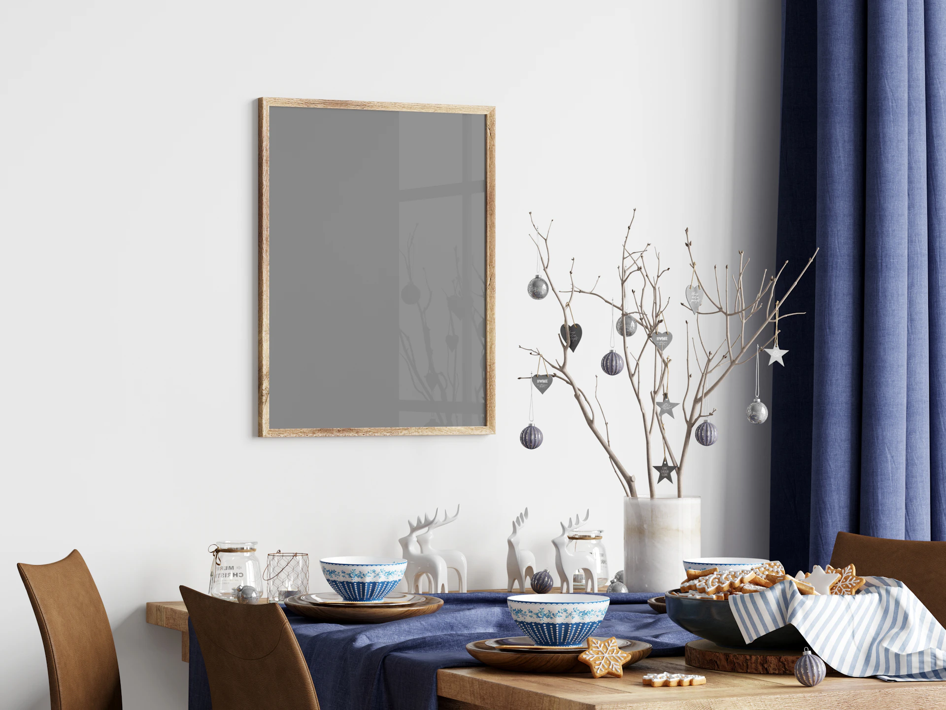 a dining room table with plates and cups on it