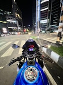 A vibrant 3D rendering of a motorcycle in an urban setting.