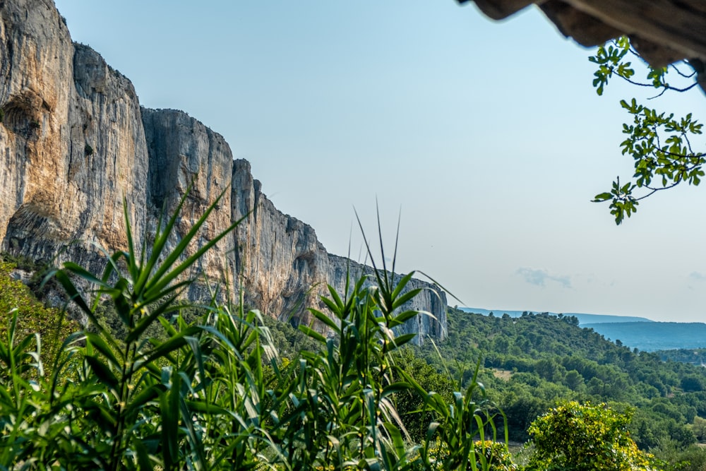 a view of a mountain with a bridge in the distance