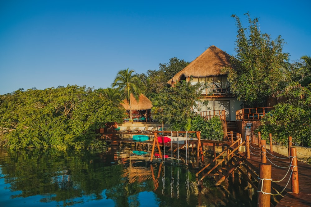 a house with a thatched roof on the water