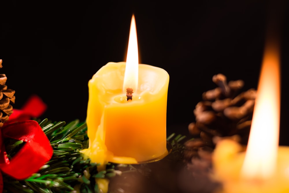 a close up of a lit candle surrounded by pine cones