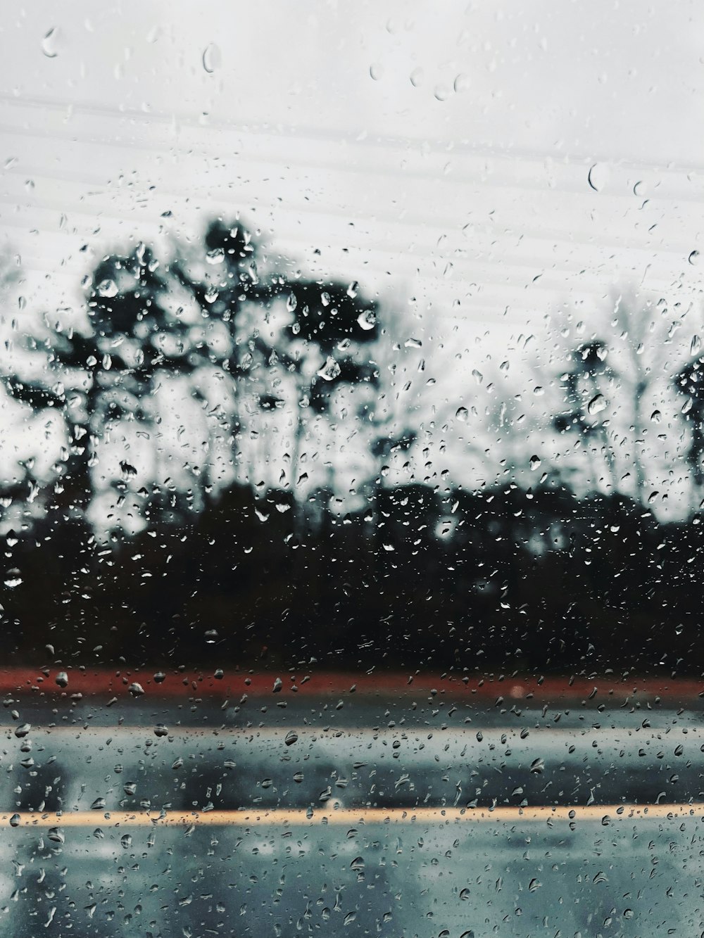 a rain covered window with trees in the background