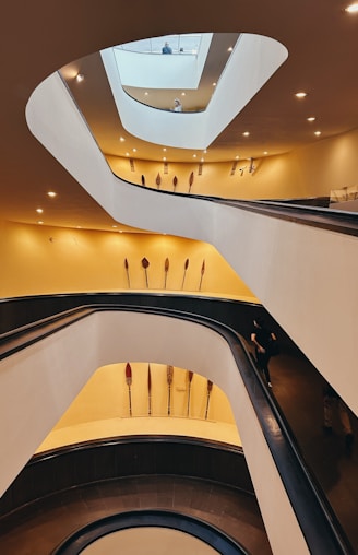 a view of an escalator in a building