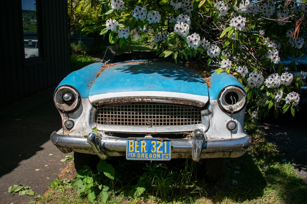 an old blue and white car parked in front of a tree