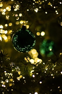 a green ornament hanging from a christmas tree