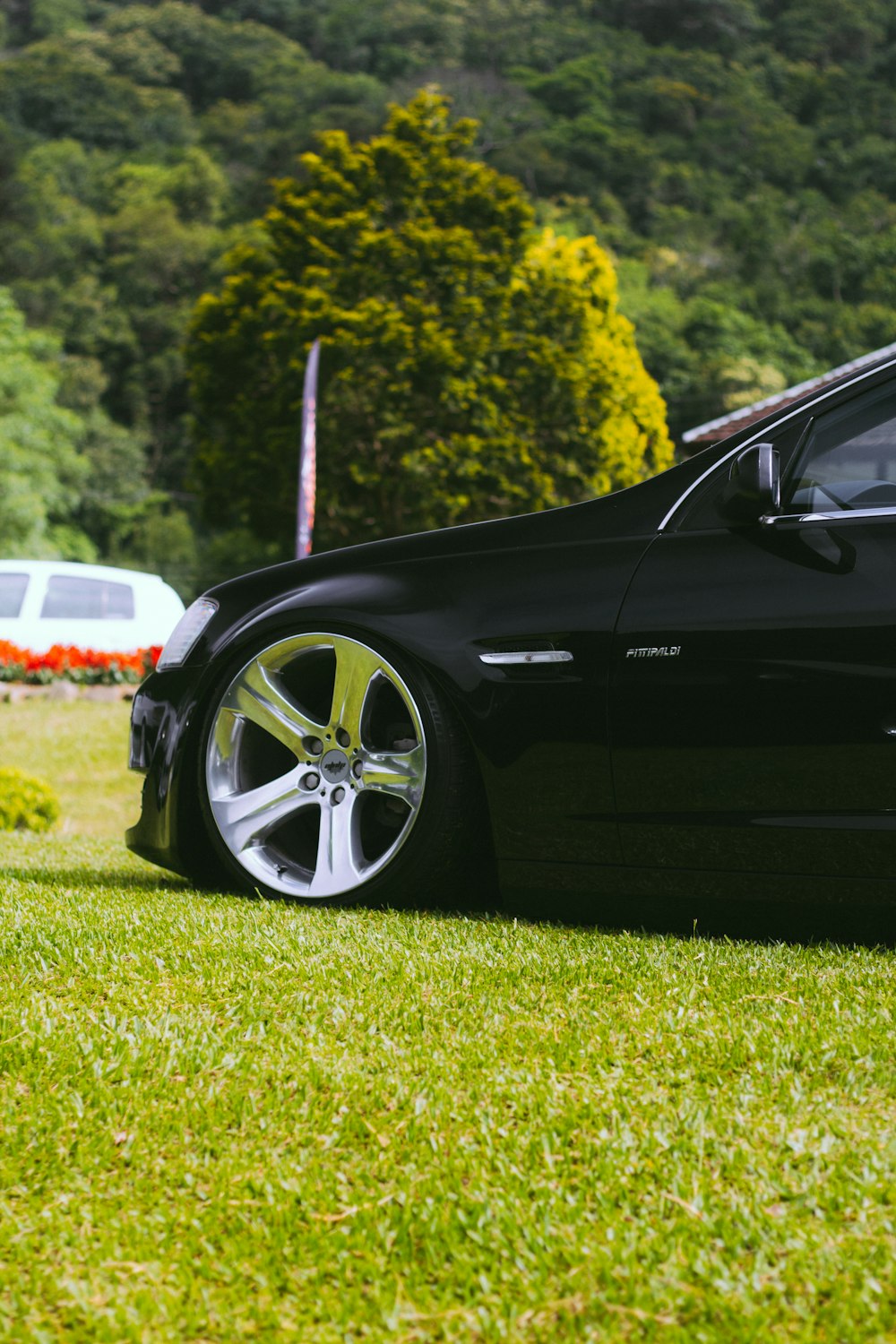 a black car parked on a lush green field