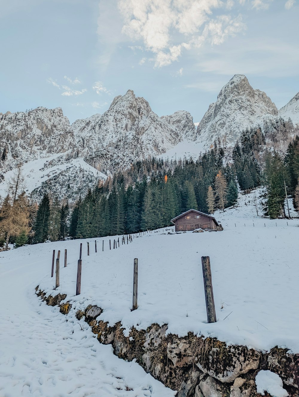 a snow covered field with mountains in the background