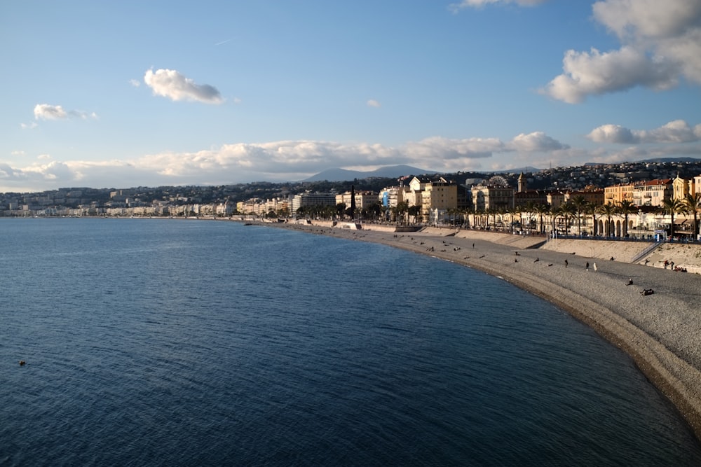 a view of a beach with a city in the background