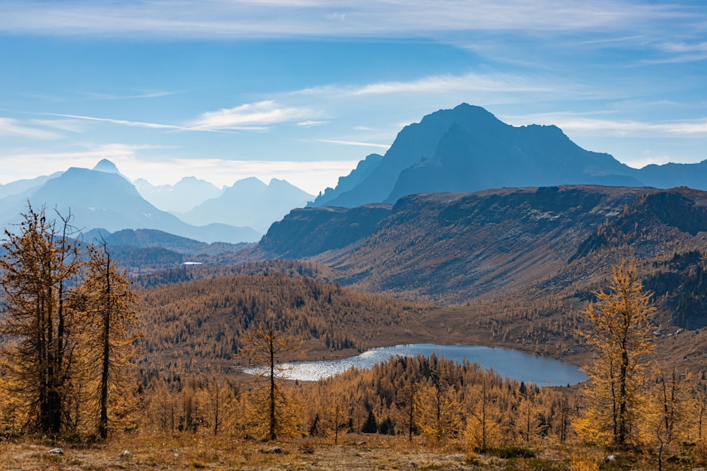 una cadena montañosa con un lago rodeado de árboles