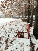 A vibrant scarf draped over a park bench dusted with fresh snow.