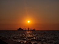 A cargo ship sailing at sunset, symbolizing the journey of agri-food commodities across seas.