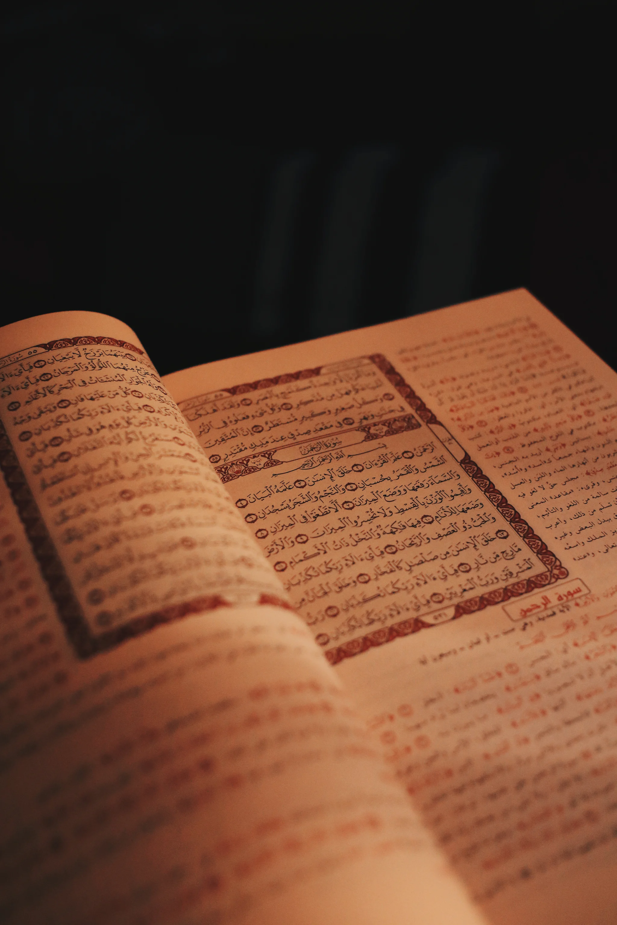 An open Quran in warm low light, its pages printed in Arabic script inside decorated borders