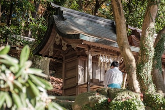 A traditional wooden shrine is nestled among lush green trees. A person wearing traditional attire stands in front of the shrine, partially obscured by a tree in the foreground. Ivy vines and foliage create a serene atmosphere.