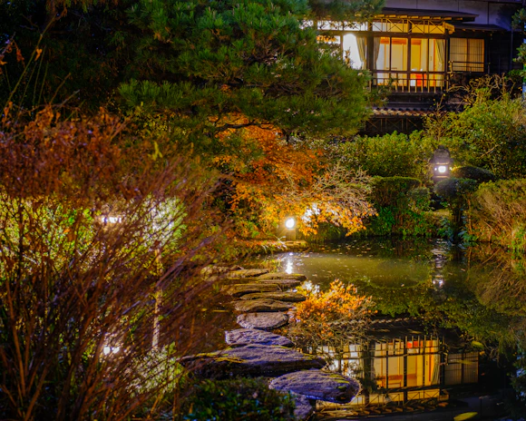 A peaceful temple garden in Kyoto illuminated by soft evening lights under a starry sky.
