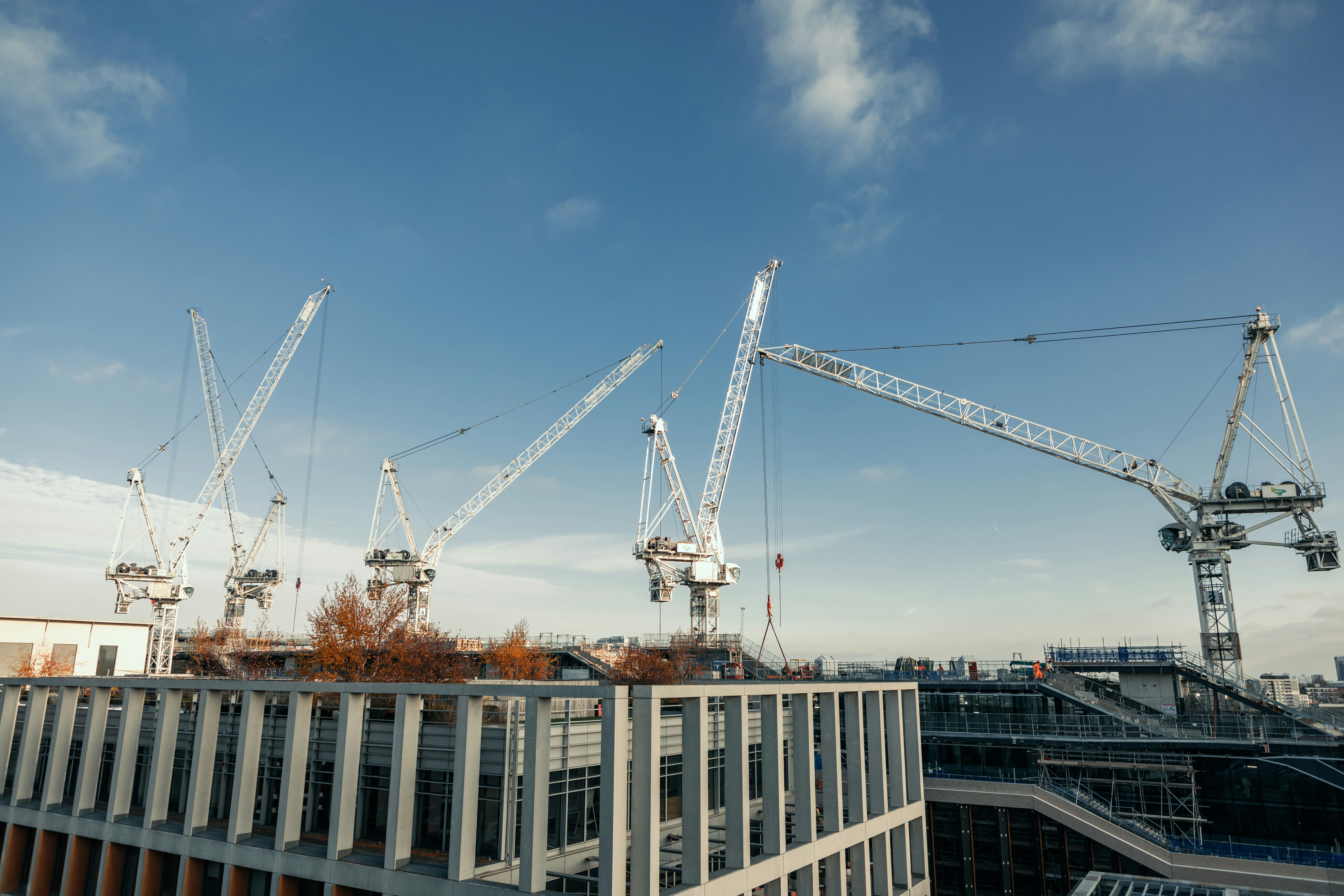 a group of cranes that are on top of a building
