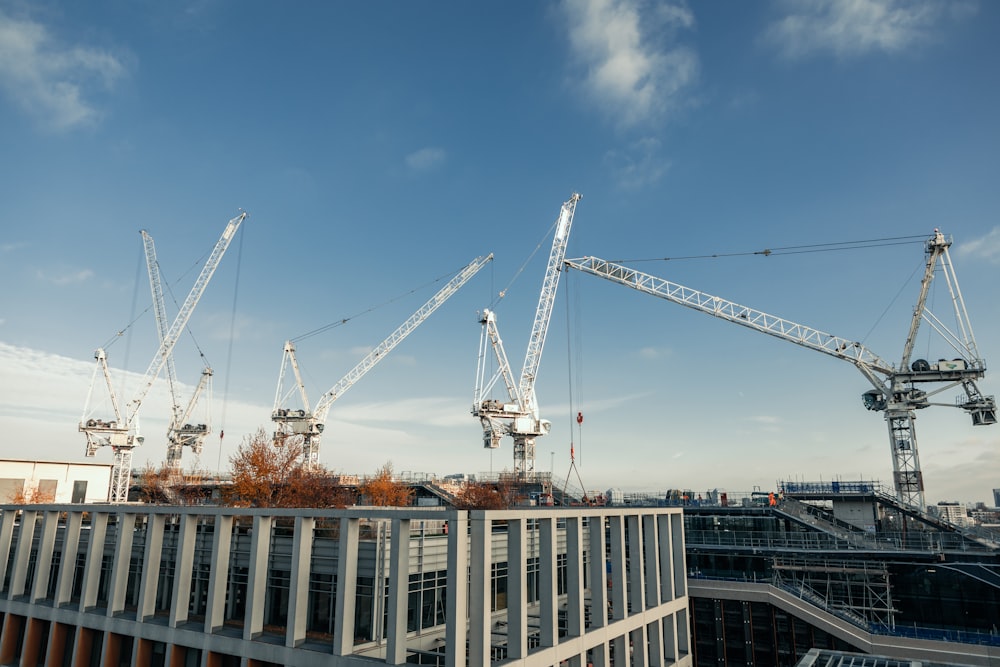 a group of cranes that are on top of a building