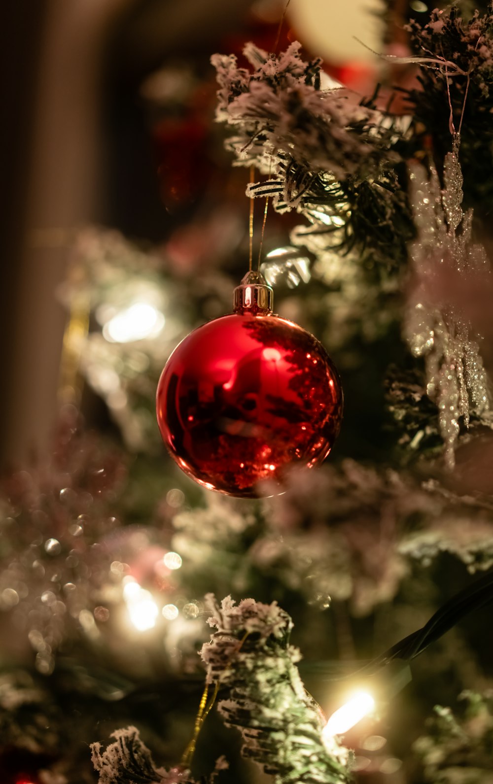 a red ornament hanging from a christmas tree