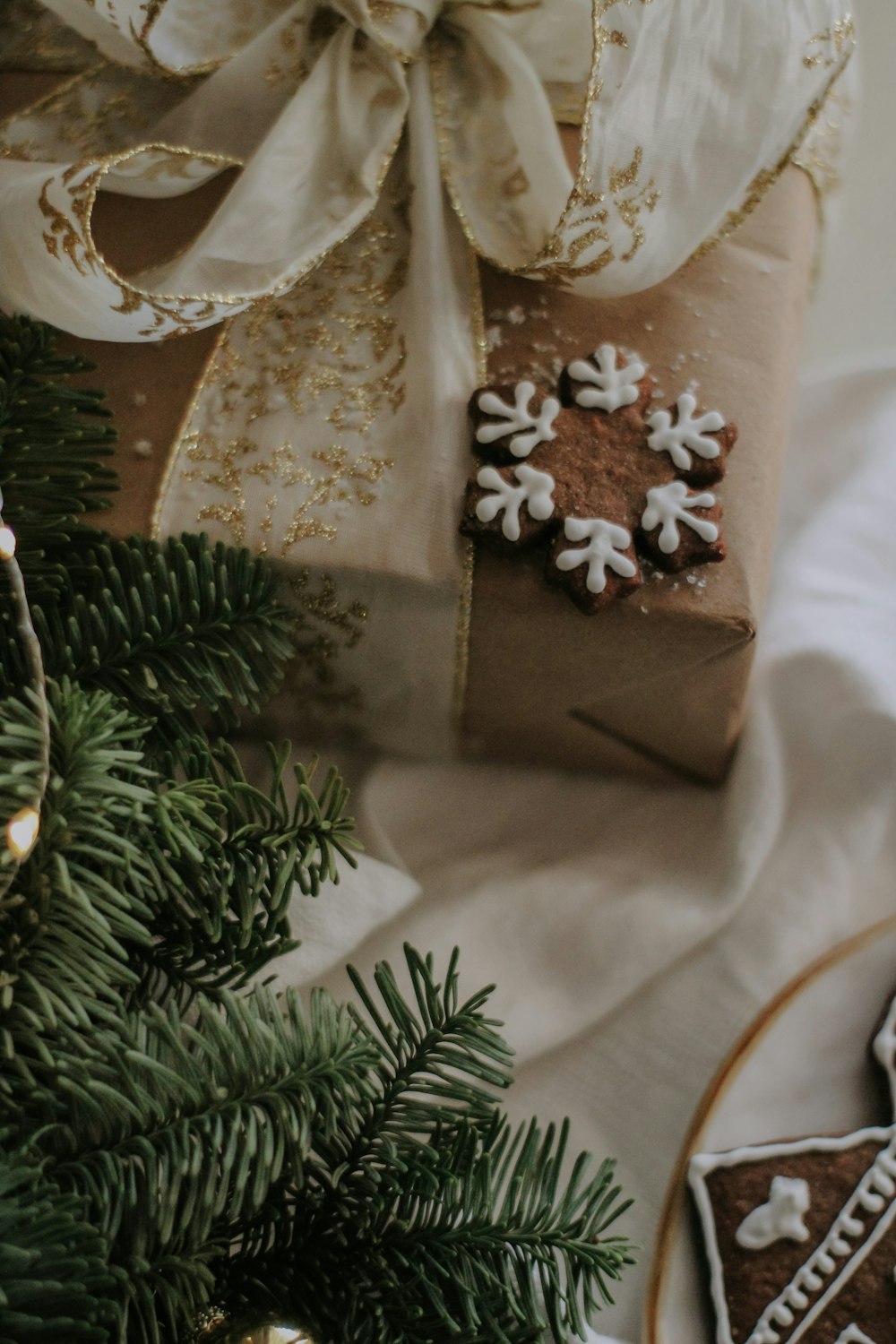 a present wrapped in brown paper next to a christmas tree