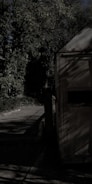 A dimly lit scene featuring a wooden structure, possibly a shed, with shadows cast across its surface. Surrounding the structure are thick trees and foliage, creating a dense and somewhat eerie atmosphere. The path nearby appears worn and slightly overgrown.