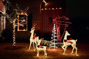A festive outdoor Christmas display featuring illuminated reindeer figures adorned with red bows and a spiral tree made of white lights. The scene is set against a brick house decorated with additional string lights on the walls and shrubs. A bare tree is wrapped in twinkling lights, adding to the holiday ambiance.