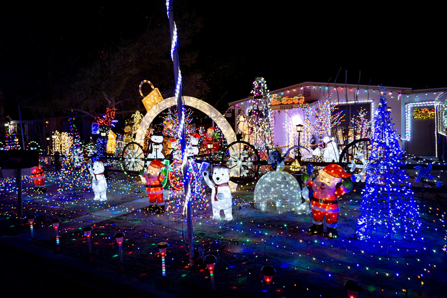 House displaying colorful Christmas lights and decorations at night