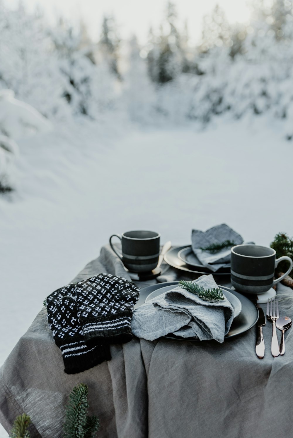 a table topped with a plate and cups covered in snow