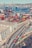 An aerial view of a busy port with numerous colorful shipping containers stacked in rows. Large blue cranes are positioned beside the containers, indicating active loading and unloading operations. In the background, the city skyline with buildings is visible across the water, where additional ships and boats are present. In the foreground, a highway with several trucks transporting containers is shown, adjacent to an industrial building.